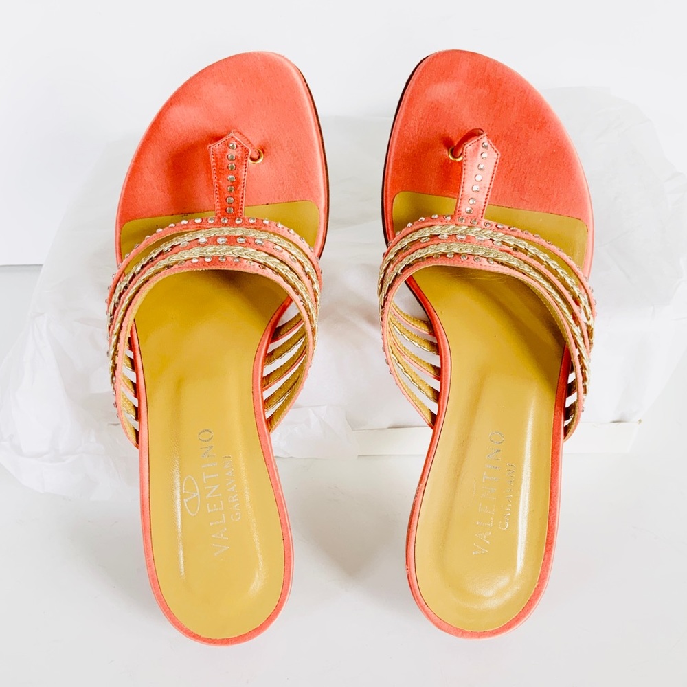 Valentino orange satin flat slide sandals 38